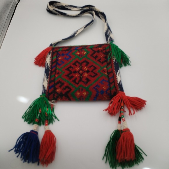 Vtg Tribal Carpet Rug Crossbody Bag Handmade Purse Tassels Hippy Ethnic Andean - Picture 2 of 12